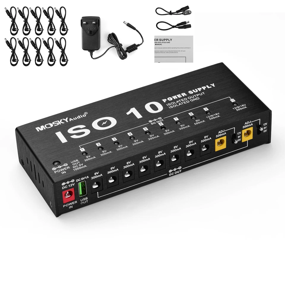 Mosky ISO 10 Outputs Guitar Effect Pedal Board Power Supply 9V 12V 18V Cable Kit