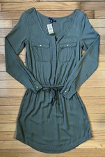 American Eagle Olive Green Military Army Shirt Dress Drawstring Womens Size XXS