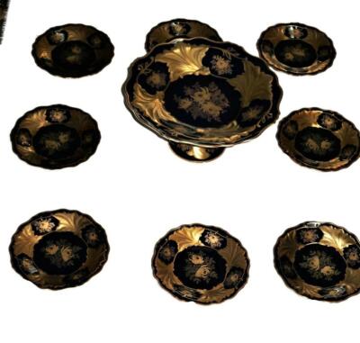 Weimar German Porcelain JUTTA BLUE Cobalt Blue & Gold Rose Cake Stand & 8 Plates