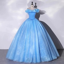 Princess Quinceanera Dresses Glitter Blue Tulle Off-Shoulder Birthday Party Gown