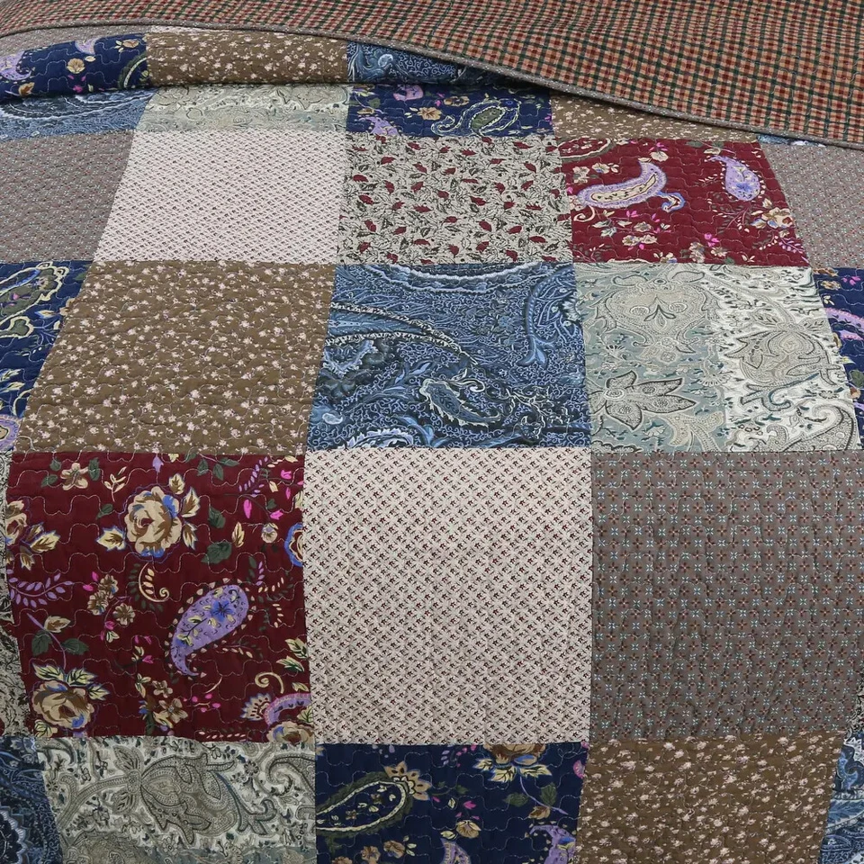NEW! ~ COZY LODGE LOG CABIN BROWN BLUE PATCHWORK RED BURGUNDY COTTAGE QUILT SET - Image 3 of 4