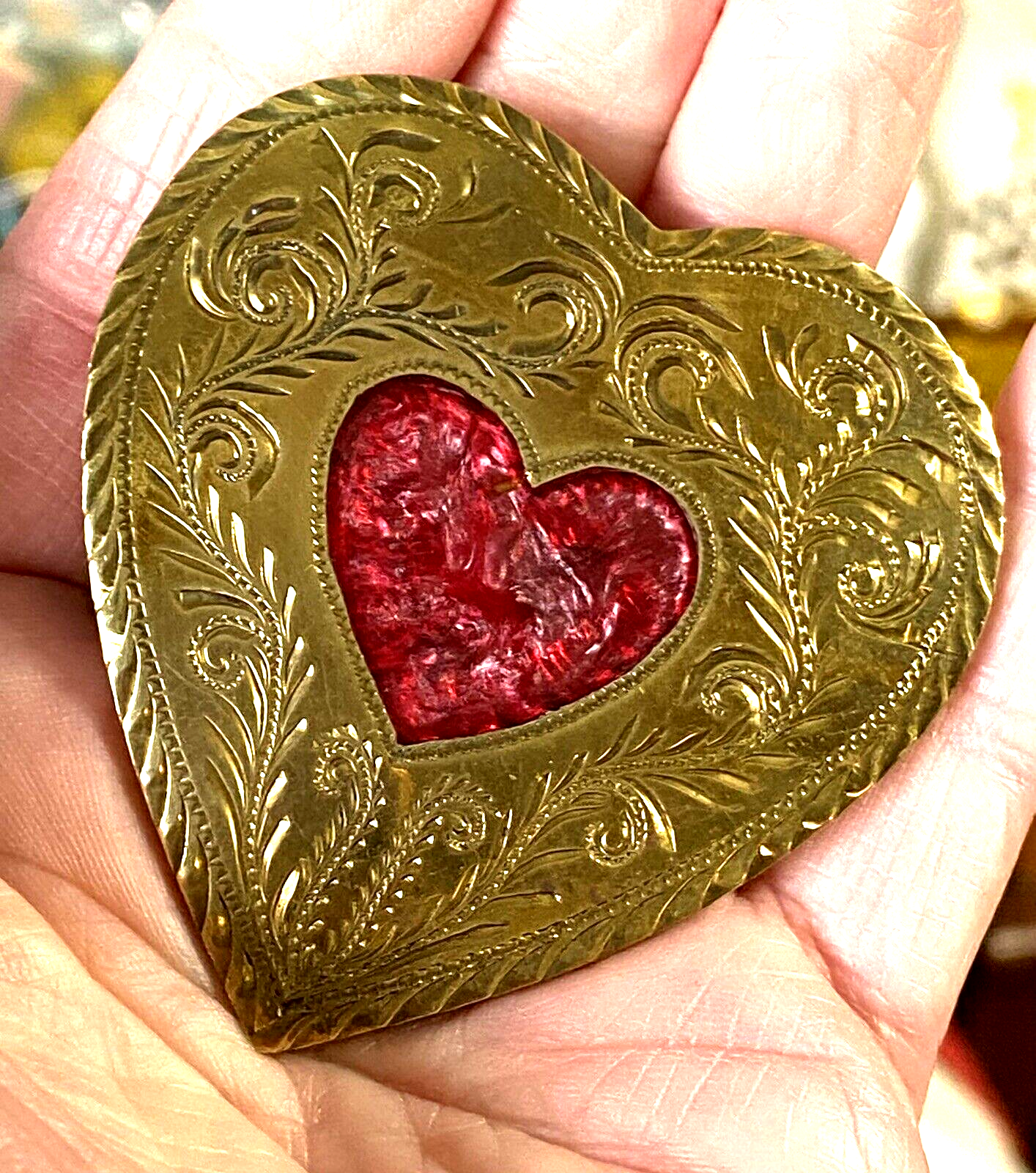 Statement Western Etched Gold Tone Metal Red Inlaid Heart Shaped Belt Buckle