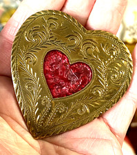Statement Western Etched Gold Tone Metal Red Inlaid Heart Shaped Belt Buckle