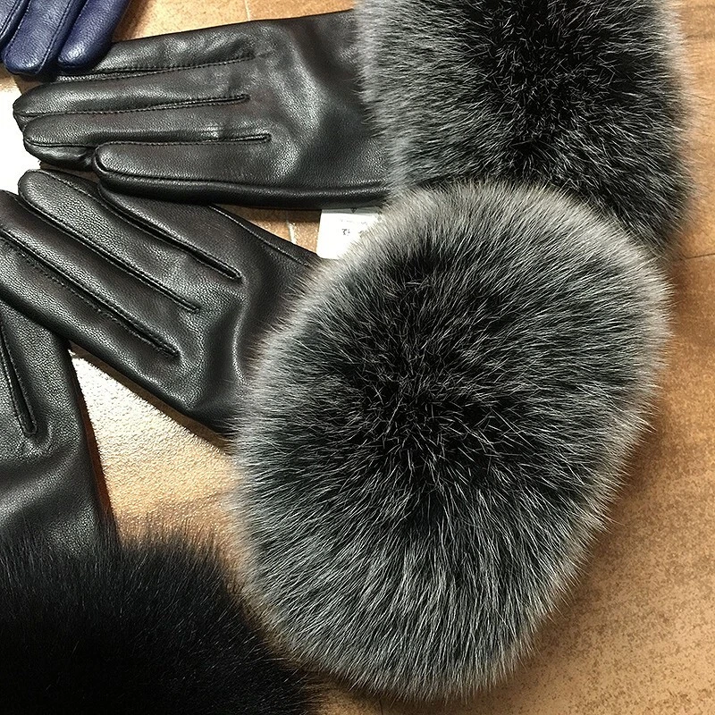 Guantes cálidos de invierno para mujer de cuero genuino puño de terciopelo coral Foto 4 de 4