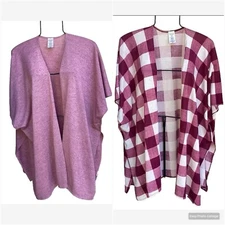 2 Kimono Cardigan Ruana Type Cover Ups Open Front Plaid & Pink One Size Regular