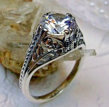 White CZ Ring, Art Deco Floral Sterling Silver Filigree Custom-Made D159