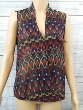 Sans Souci High Low Wrapped Sheer Top Blouse Geometric Red Blue L  New NWT 