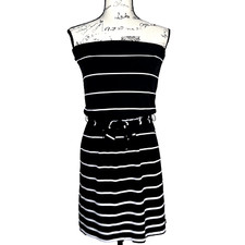 White House Black Market Sz XS Strapless Midi Dress Black White Stripes Belt