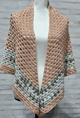 Handmade Crochet Triangle Shawl Wrap Scarf Yarn Blush Pink Gray Beige OSFM