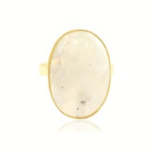 Oval Shape Fire Rainbow Moonstone Ring Gold Plated Collet Set Adjustable Ring