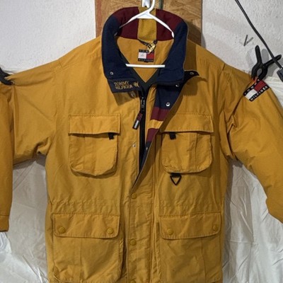 VTG 90s Tommy Hilfiger Down Jacket Parka Mens XL Yellow Blue Crest Logo HOODED