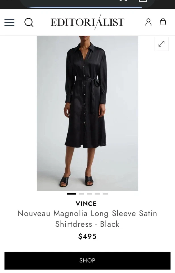 Vestido camisero de satén manga larga Vince. Talla S. Nuevo con etiquetas. Precio de venta sugerido por el fabricante $495. Falta cinturón. Foto 2 de 4