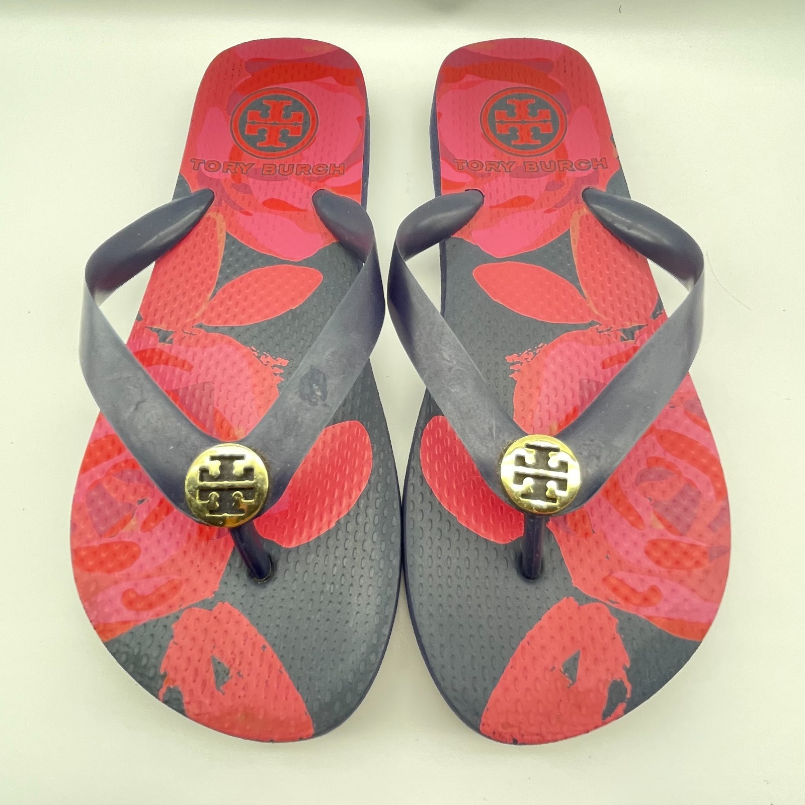Flip-Flops - Tory Burch - Red & Black Floral Pattern w/ Golden Logo - W sz 6.5-image