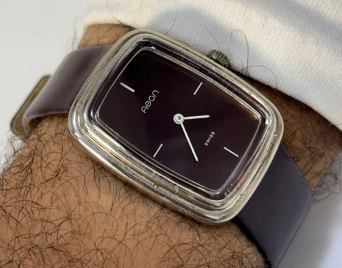 Vintage 1970s Agon Swiss Burgundy Dial TV Case Manual Wind Watch 31x37mm Tank image 11
