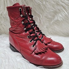 Vtg Justin Roper Boots Womens 5.5B Red Leather Lace Up Kiltie Western Cowboy USA