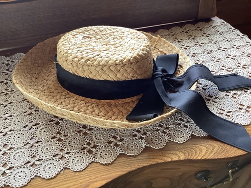 Vintage His & Hers Straw Hats Boater His Switzerland Hers Black Ribbon Unmarked - Picture 12 of 19