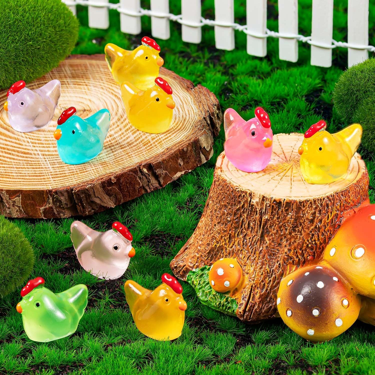 64PCS Luminous Mini Chicken Figurines Resin Miniature Animals, 8 Colors Tiny... 