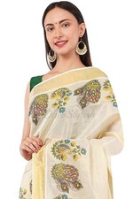TBS Kerala Kasavu Golden Tissue with Peacock Feather Print Saree with Blouse