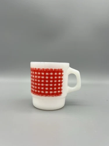 Anchor Hocking Fire King Red Gingham Milk Glass Stacking Mug(s) Coffee Cup(s)