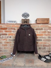 Image of Carhartt Active Jacket Lined Canvas Workwear Coat Burgundy Size Small Hood