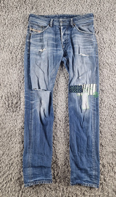 Diesel Jeans Herren Taille 32 Bein 34 Blau Denim Distressed Patchwork Selten