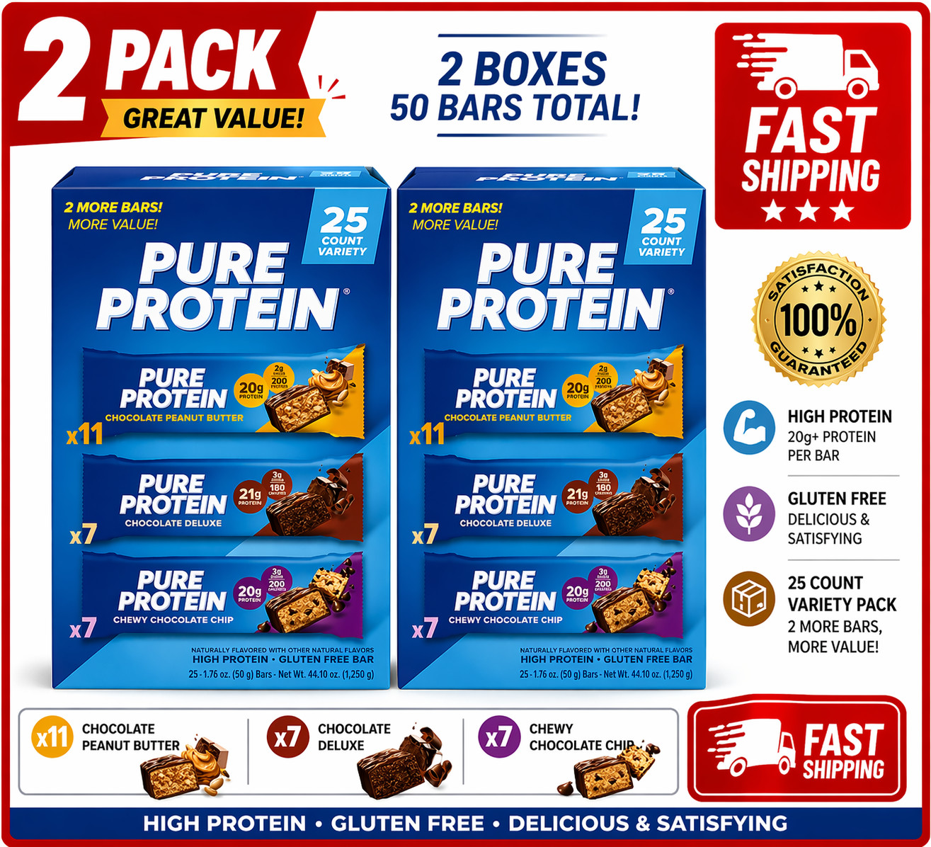 PACK de 2 barras de proteína pura, paquete de variedad, 25 unidades, sin gluten, bajas en azúcar,