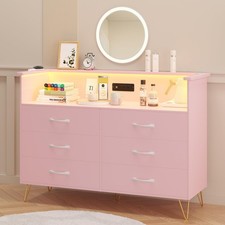 Wooden Dressers with 6 Drawer LED Chest of Drawers Storage Cabinets for Bedroom