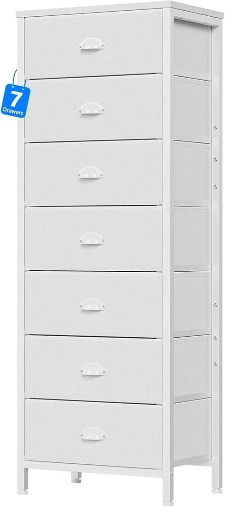 White Tall 7-Drawer Dresser for Bedroom Storage and Organization