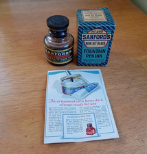 SANFORD'S JET BLACK FOUNTAIN PEN INK 100 YR OLD BOTTLE W/EMB STOPPER BOX & FLYER