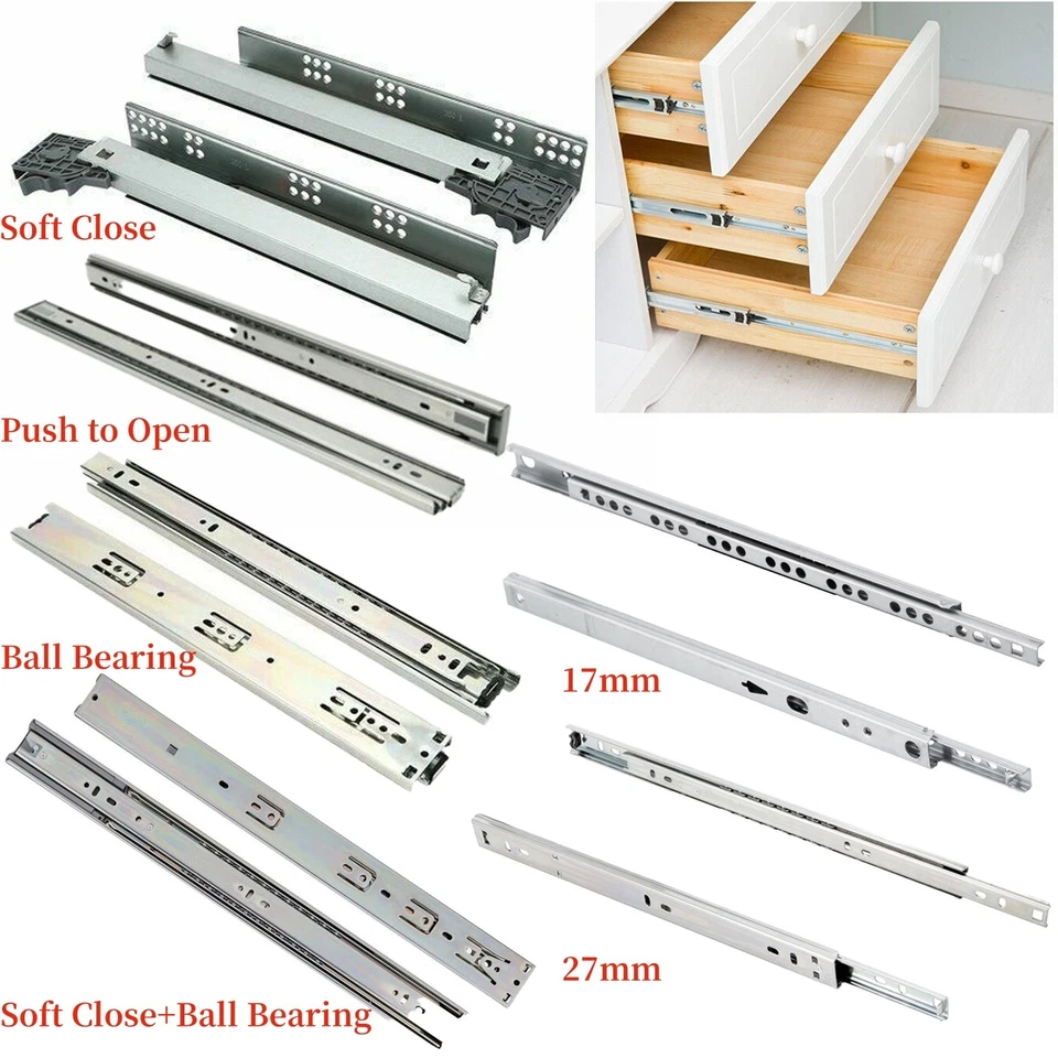 Drawer Runners Grooved Ball Bearing Slides Ball Bearing Rails 17mm 27mm 45mm UK - Image 3 of 4