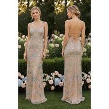 Mac Duggal Dress 2 Tan Blue Pink Floral Sequin Beaded Fall Wedding Guest Formal