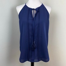 Paper Crane Navy Pleated Sleeveless Blouse Tank Top Tassels Large
