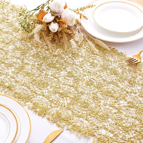 2 Packs 12 x 80 Inches Gold Sequin Mesh Table Runner Home 12 x 80 inch, - Picture 2 of 8