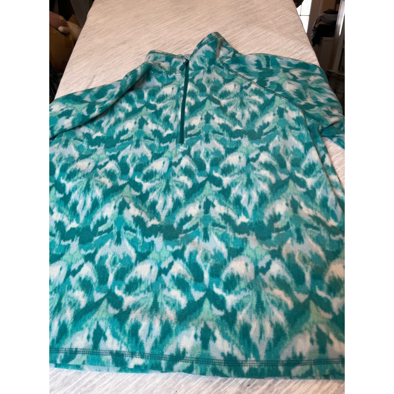 Eddie Bauer Womens XL Fleece Quarter Zip Pullover Teal White Abstract Pattern