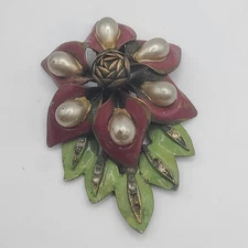 Vintage Dress Clip Enamel Flower Faux Pearl LARGE READ