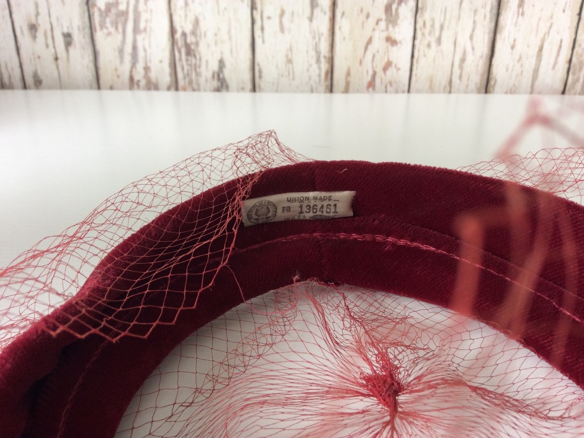 Vintage Red Velvet Hat  with Netting, nice condition for age 1940s Black Straw Hat Velvet Red Navy Blue Ribbon & Veil  main image 2