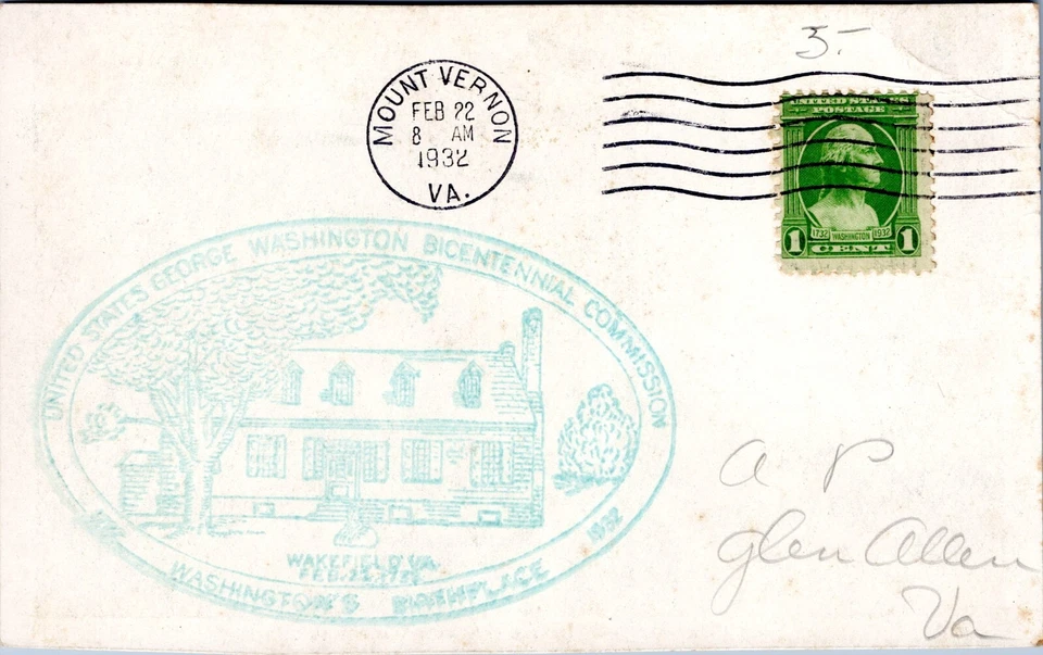 Postal History Postcard- Wakefield- Washington Birthplace- 1932 Bicentennial FDC - Image 2 of 2