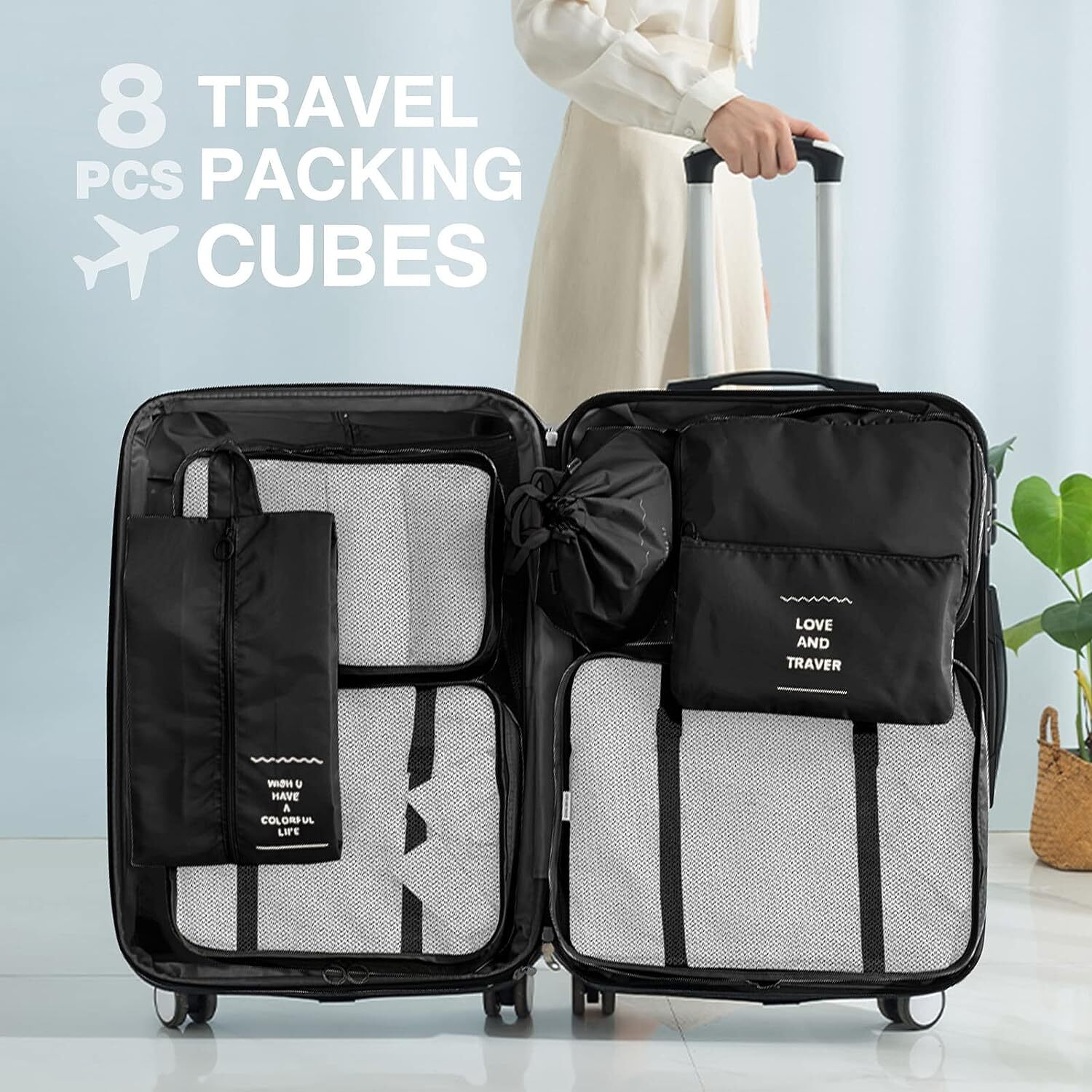 8PCS Packing Cubes Luggage Travel Pouches Organiser Clothes Suitcase
