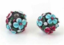 Qty. 5 13mm Black Floral Lampwork Beads w/ Blue Flowers  Pink Accents