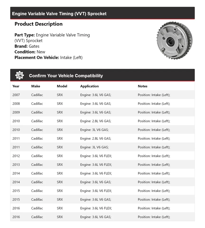 Portões de entrada (esquerda) de roda dentada para motor Cadillac SRX 2007-2016 2008 2009 - Imagem 2 de 4