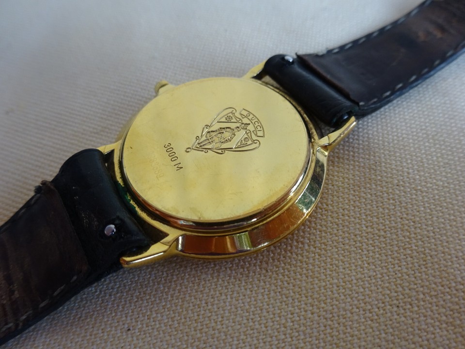 Vintage GUCCI Men's Watch 3000 M Black Dial Leather Strap Working Gold
