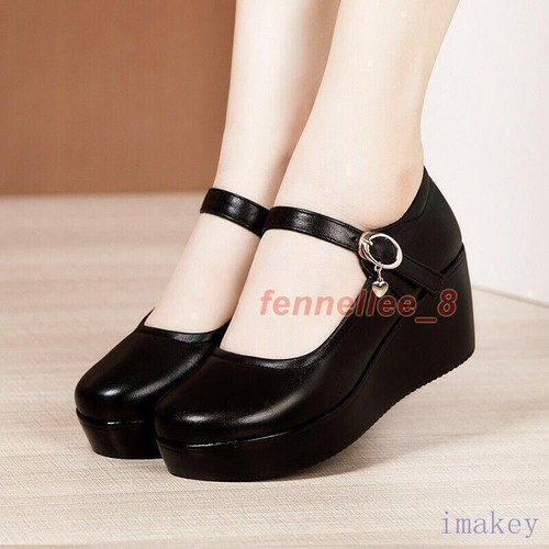Zapatos de enfermera cómodos de tacón medio Mary Jane para mujer con plataforma de cuero - Imagen 4 de 28