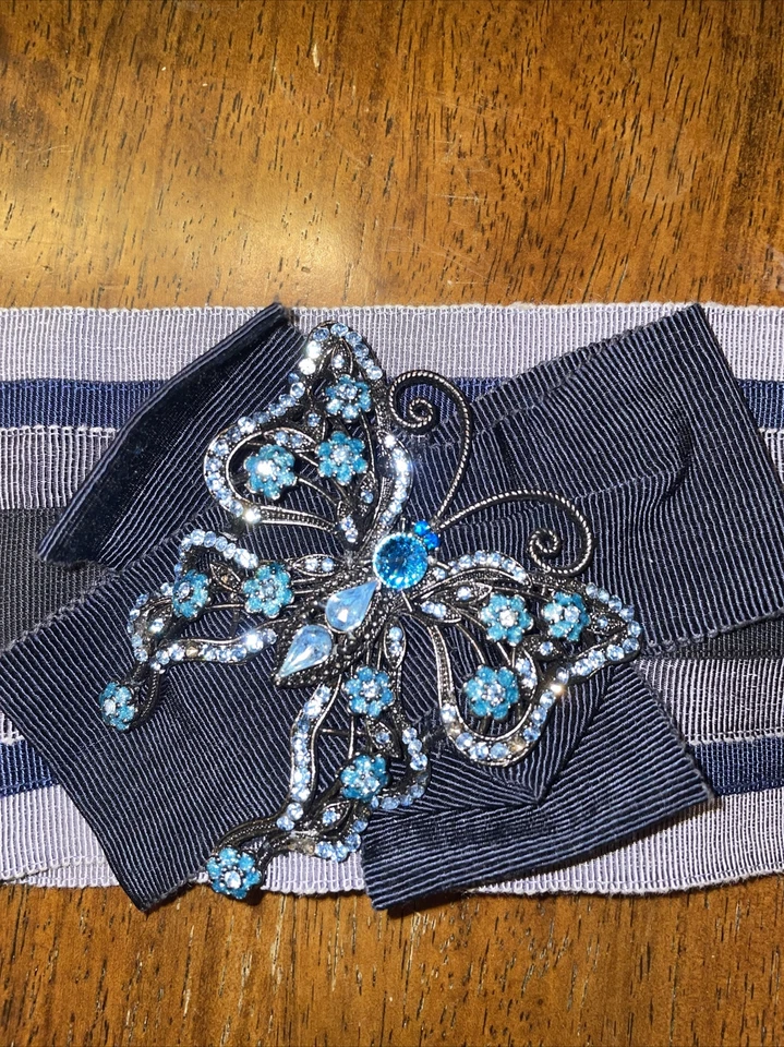 DOLCE & GABBANA Broche Mariposa Cristal Cinturón Rayas Ancho Gris Hecho en Italia 44 Foto 2 de 4