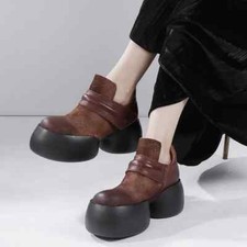 Leather Pumps Autumn Retro Round Toe Thick Sole Footwear Thick Heel Women Shoes