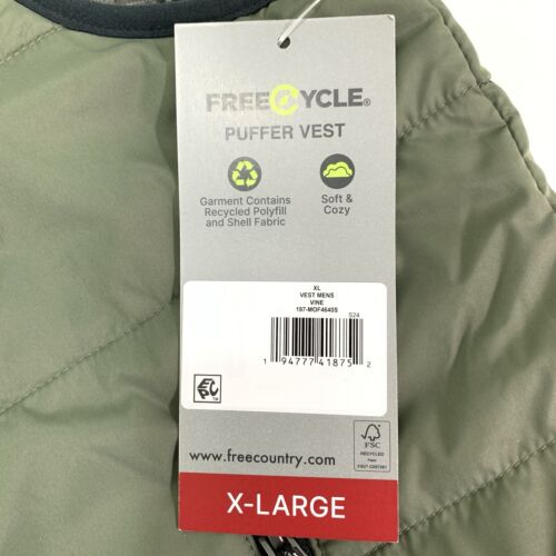 Free Country Men's Puffer Vest Size XL Green Vine Zippered Pockets Stand Collar - Picture 9 of 10