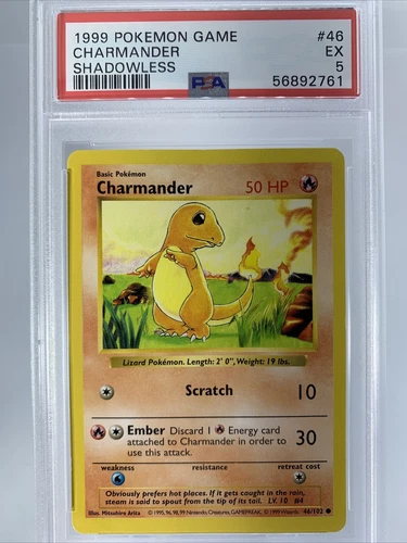 Shadowless Charmander # 46/102 Base Set Pokemon Trading Game TCG Cards PSA 5 EX