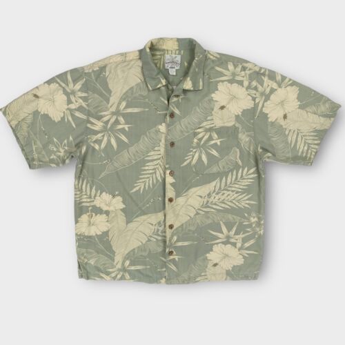 Camisa hawaiana de seda Tommy Bahama vintage para hombre mediana verde floral relajada Aloha - Imagen 2 de 12