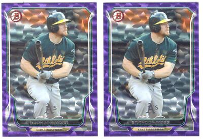 (2)  BRANDON MOSS  A'S  2014 BOWMAN #142 - PURPLE ICE PARALLEL #ed 3/10 & 4/10