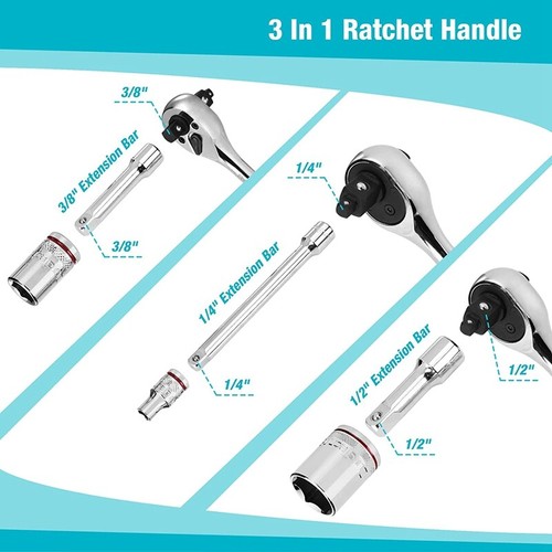 DURATECH 24Piece Socket Wrench Set 1/4" 3/8" 1/2" Drive Socket Set 20 Socket SAE - Picture 6 of 10