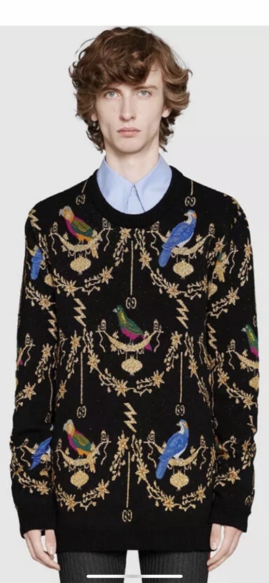 100% Authentic GUCCI Black & Gold GG Bird Wool Knitted Sweater